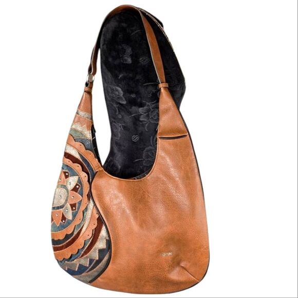 Kensie Hobo Purse Shoulder Bag Denim Patchwork Design Faux Brown Leather - Picture 1 of 17